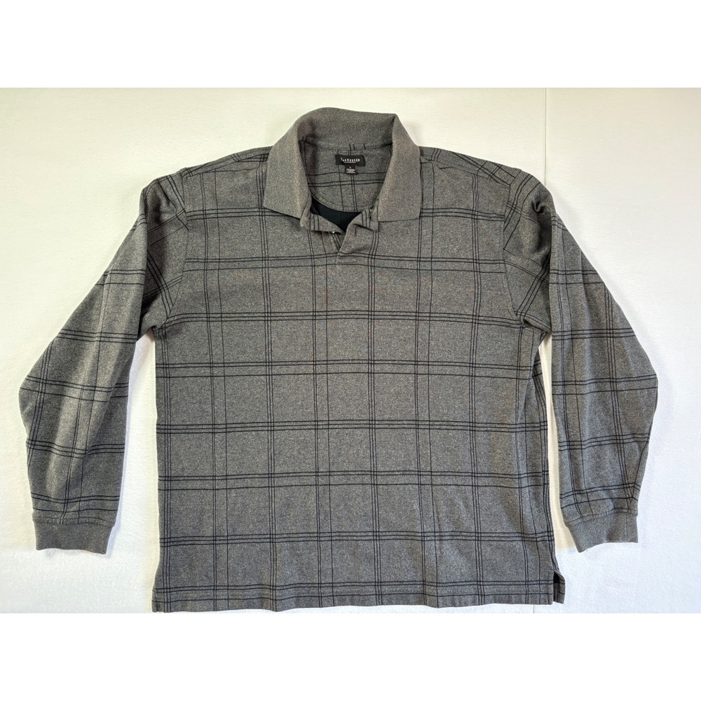 Van Heusen Mens Large Gray Plaid Long Sleeve Polo Shirt Knit Windowpane Cotton